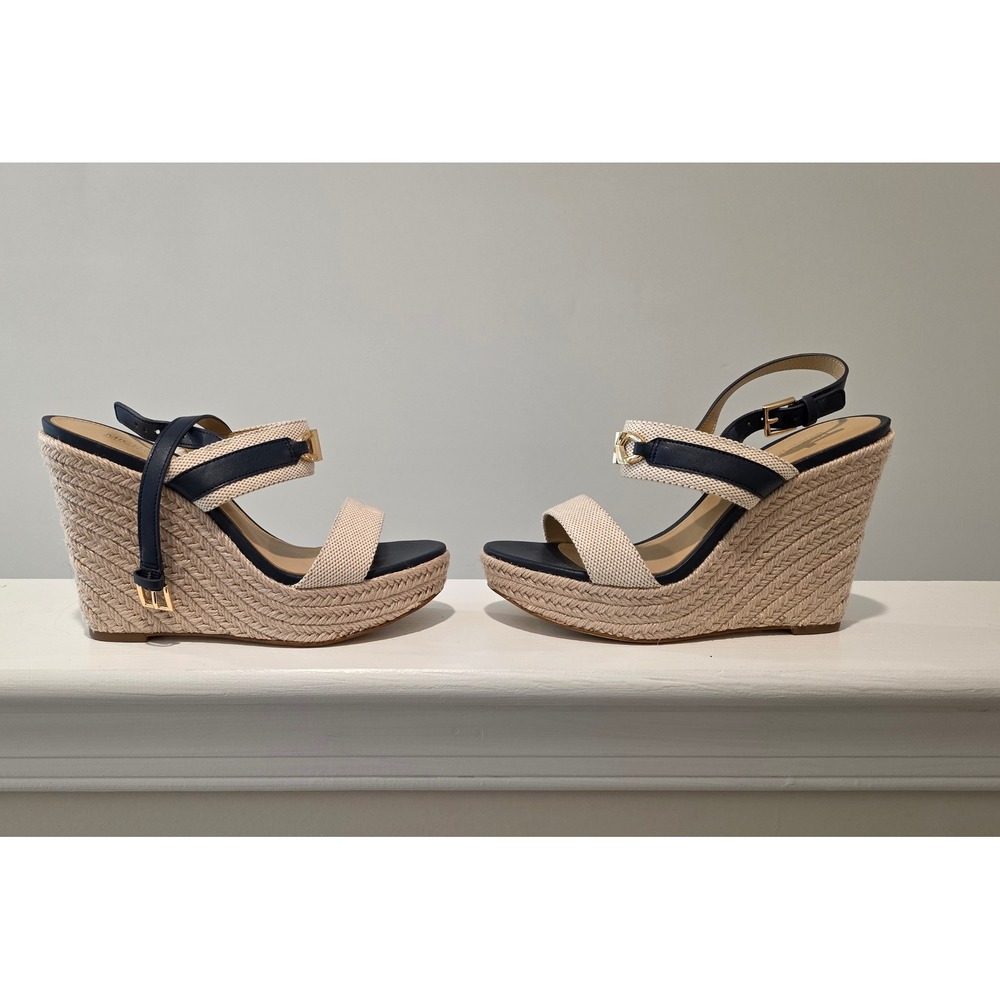 Women 6 M Michael Kors Reed Wedge Sandals Navy Natural Espadrille Platform Logo - Picture 8 of 11